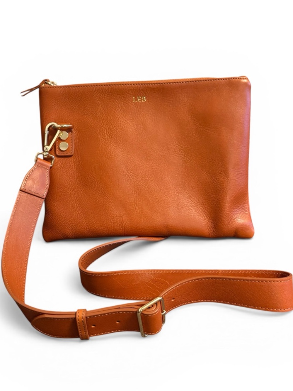 Mark & Graham Classic Essentials Crossbody Monogrammed Leather Bag in Camel